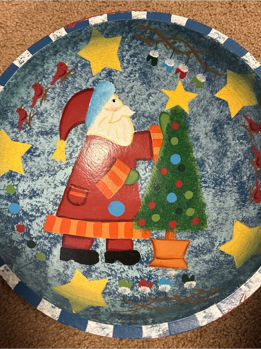 Hand-Painted Holiday Santa Decorative Dough Bowl- Blue/Red/Green